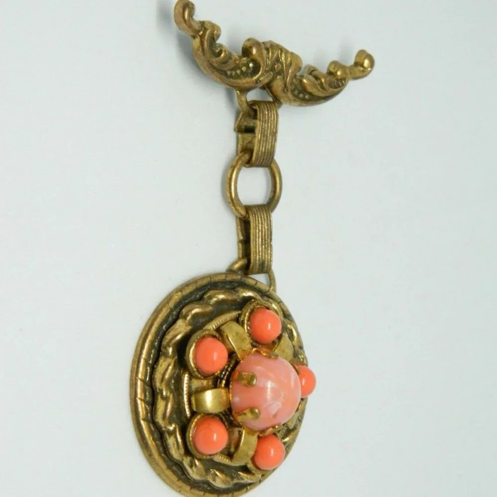 Art Nouveau Style Faux Coral Glass Cabochon Dangle